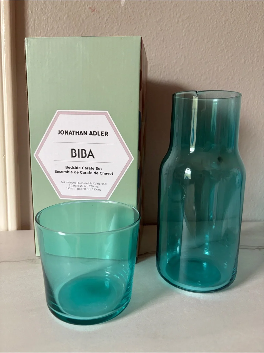 $20💋 Jonathan Adler BIBA bedside carafe and cup in teal green